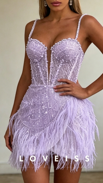 Sweetheart Spaghetti Straps Beaded Embroidery Sheath Short Beach Wedding Dress