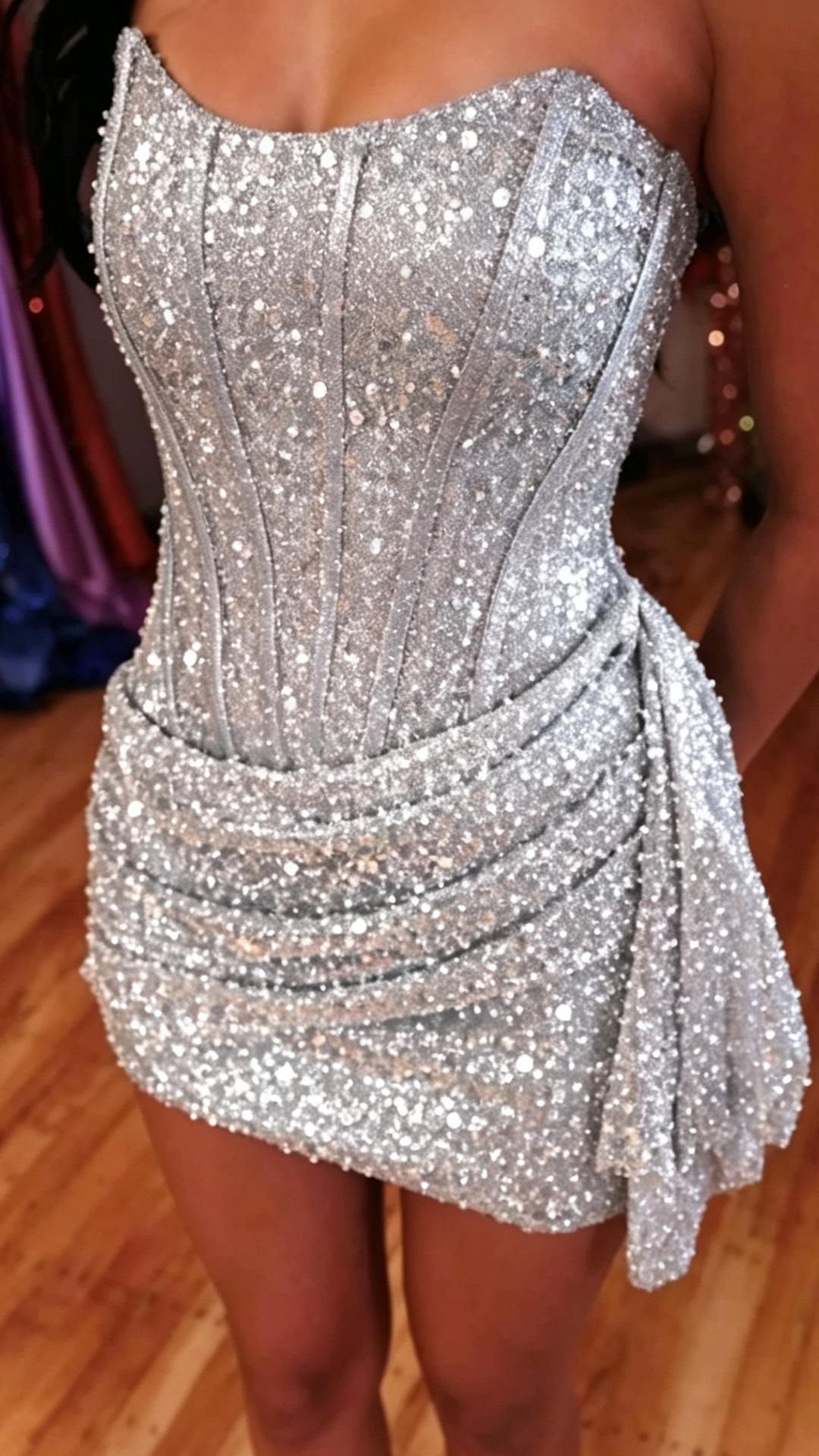 Strapless Corset Sequin Mini Dress with Side Draping