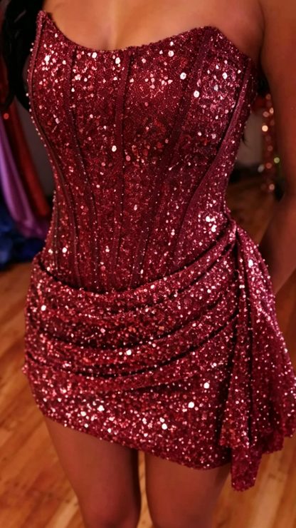 Strapless Corset Sequin Mini Dress with Side Draping