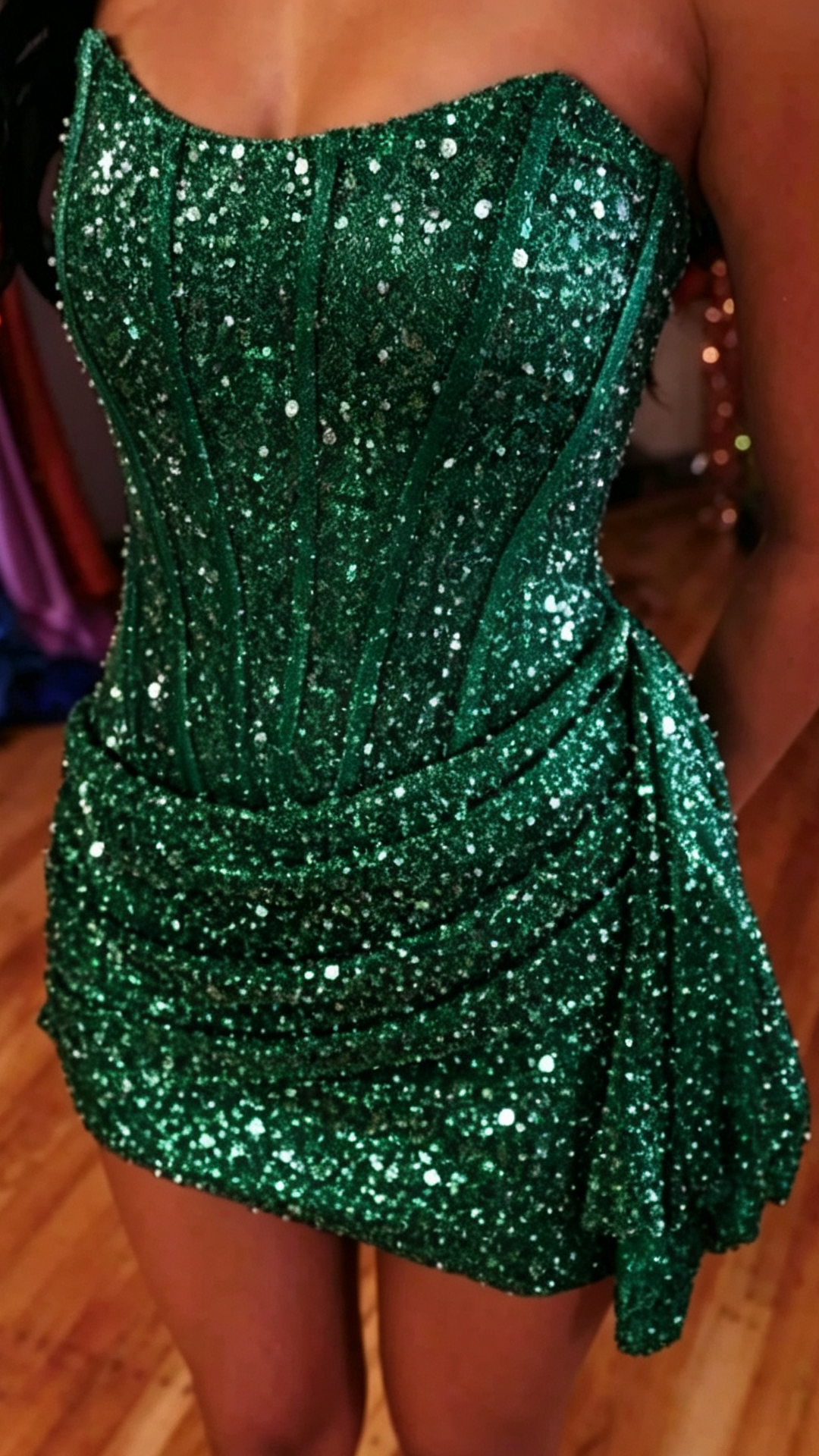 Strapless Corset Sequin Mini Dress with Side Draping
