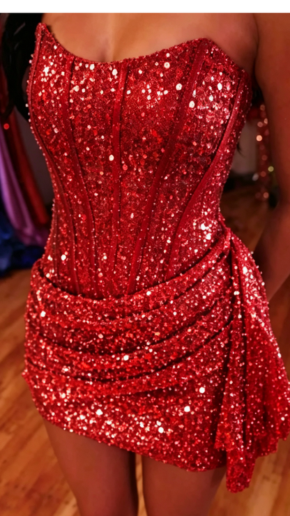 Strapless Corset Sequin Mini Dress with Side Draping