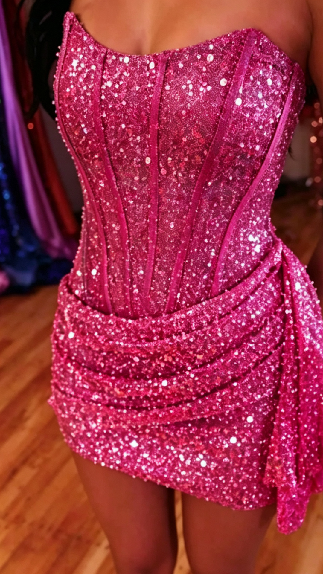 Strapless Corset Sequin Mini Dress with Side Draping