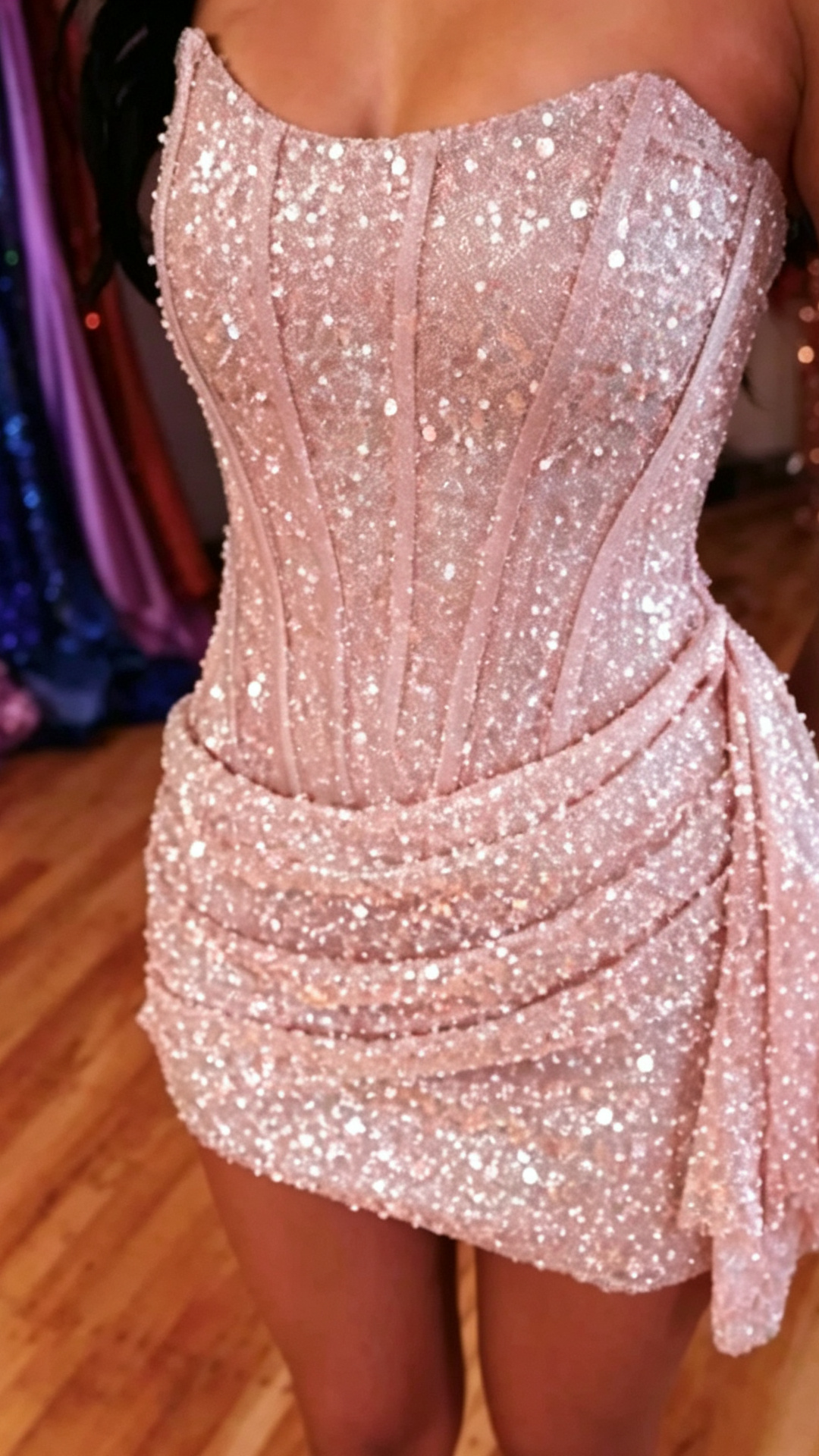 Strapless Corset Sequin Mini Dress with Side Draping