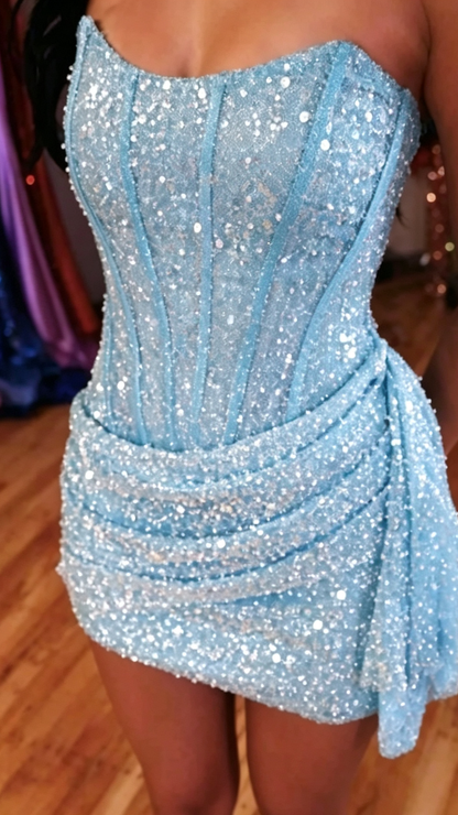 Strapless Corset Sequin Mini Dress with Side Draping