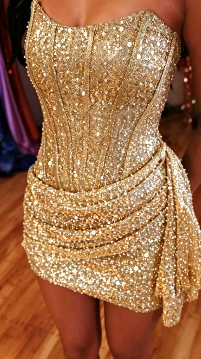 Strapless Corset Sequin Mini Dress with Side Draping