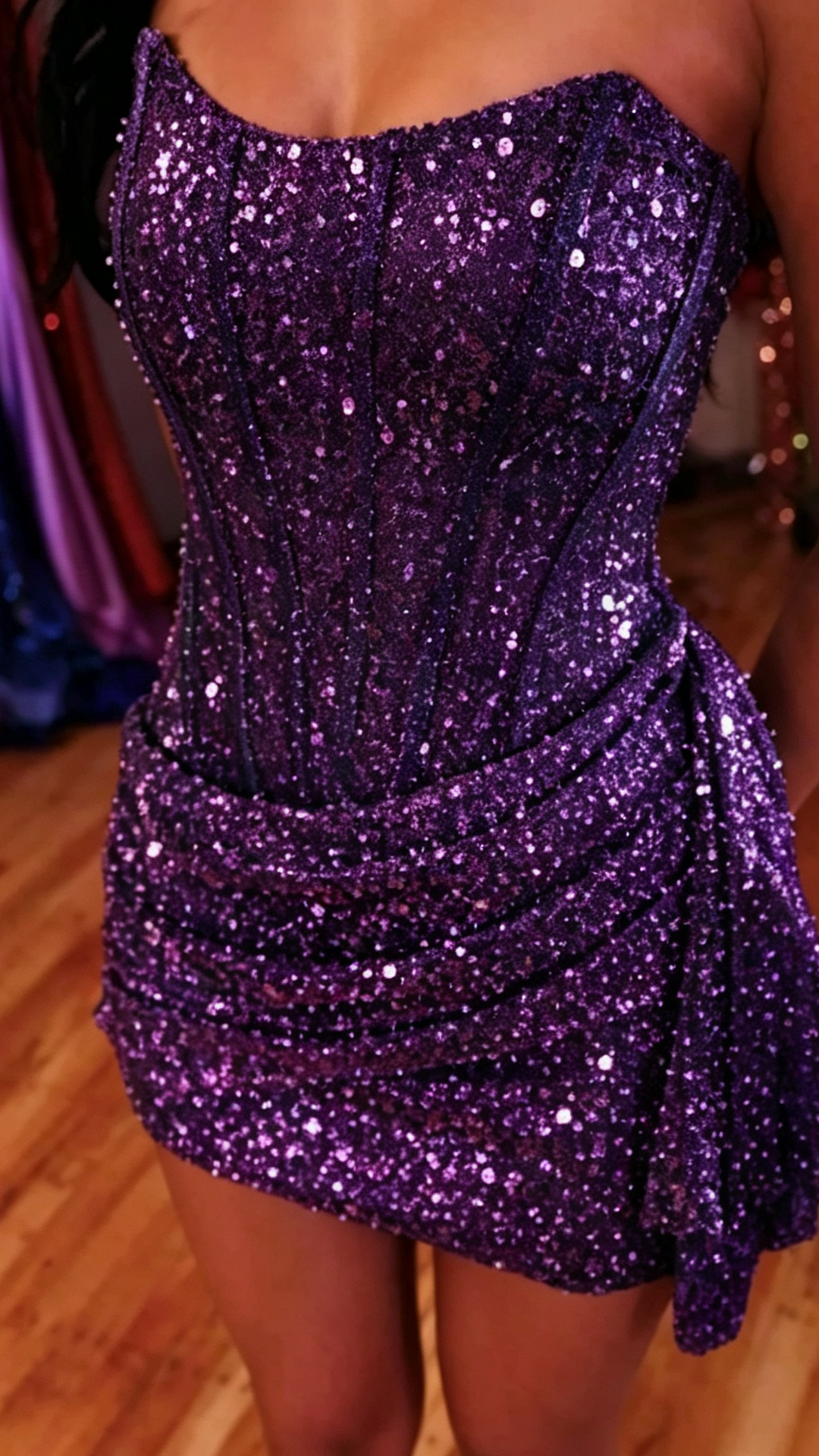 Strapless Corset Sequin Mini Dress with Side Draping