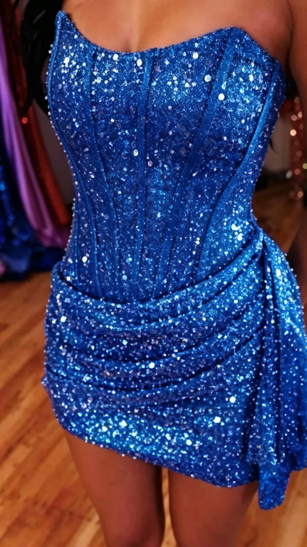 Strapless Corset Sequin Mini Dress with Side Draping