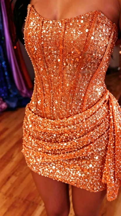 Strapless Corset Sequin Mini Dress with Side Draping