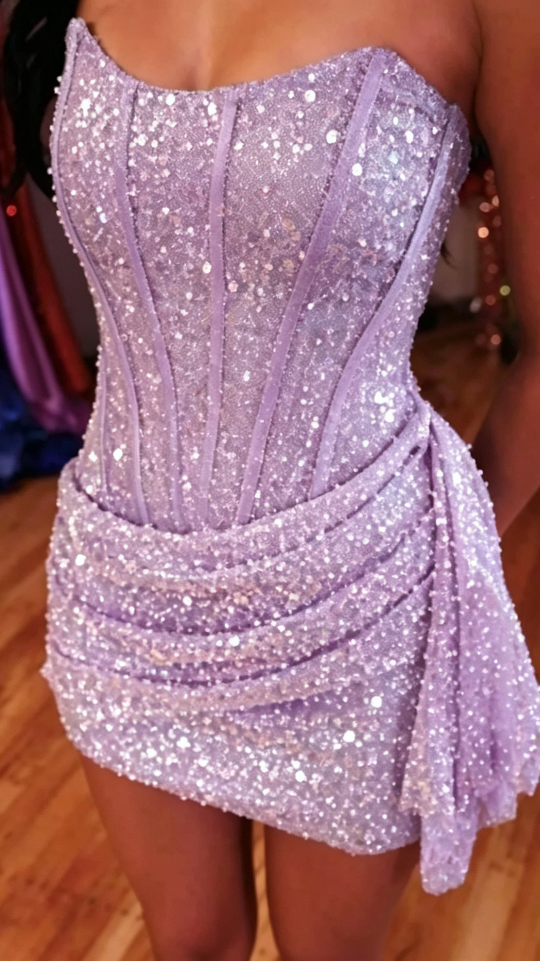 Strapless Corset Sequin Mini Dress with Side Draping