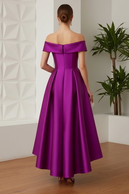 A-Line Off-The-Shoulder Sleeveless Tea-Length Satin Mother Of The Bride Dresses