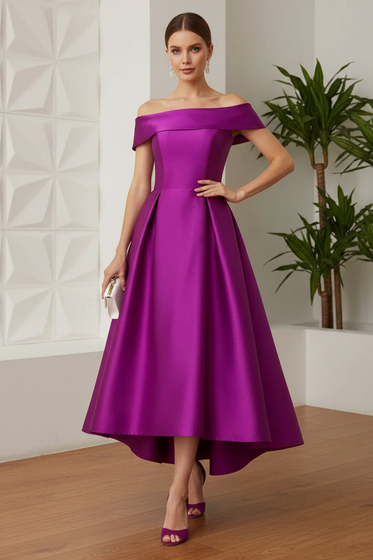 A-Line Off-The-Shoulder Sleeveless Tea-Length Satin Mother Of The Bride Dresses