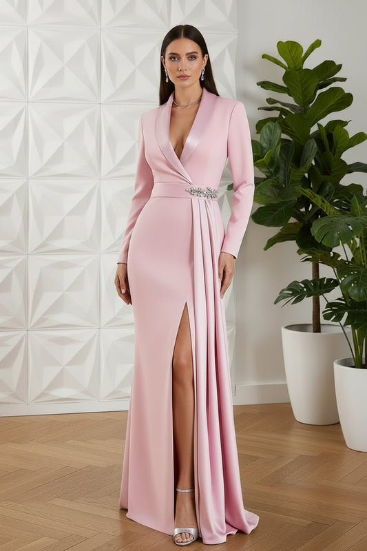 Sheath Column Plunge Neck Long Sleeves Sweep Train Elastic Satin
