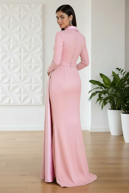 Sheath Column Plunge Neck Long Sleeves Sweep Train Elastic Satin
