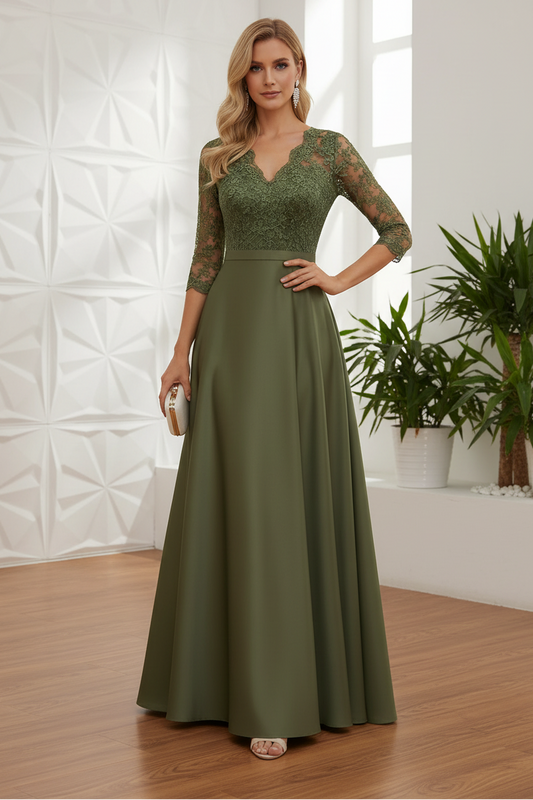 3/4 Sleeves A-Line V-Neck Sweep Train Satin Mother Of The Bride Dresses