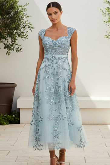 Wedding Guest Dress Floral Embroidered Sweetheart Midi Dress