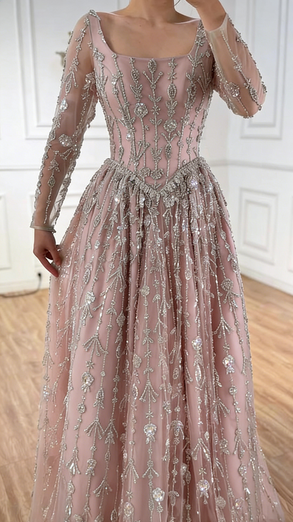 Scoop Long Sleeves Beaded Embroidery A-Line Prom Dress