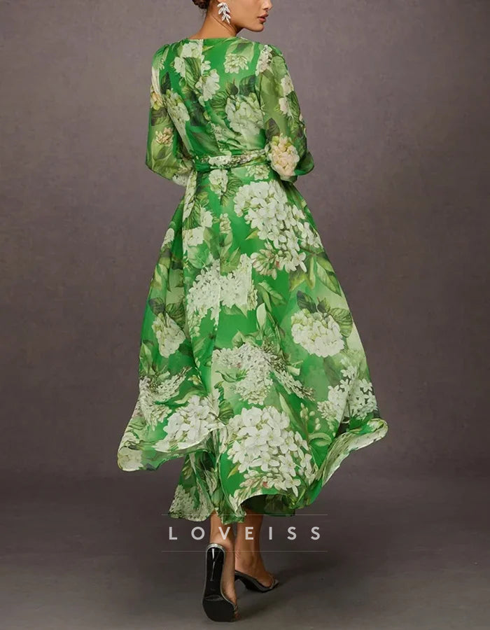 Deep V Neck Green Floral Long Sleeve Midi Dress