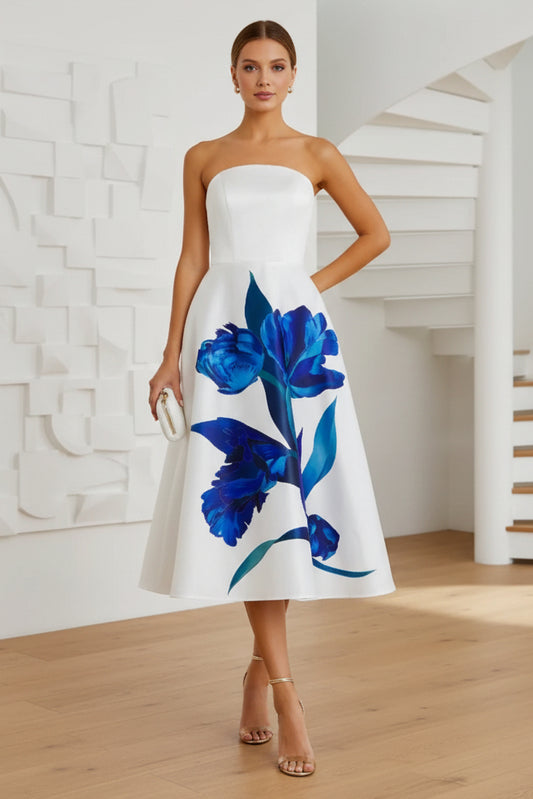 Strapless Floral  Printed Satin Midi Dress