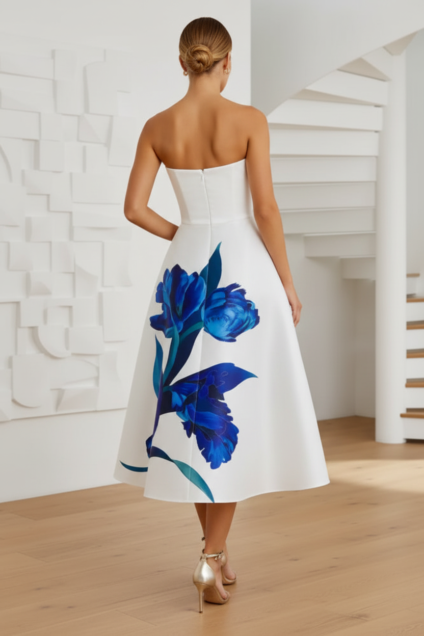Strapless Floral  Printed Satin Midi Dress