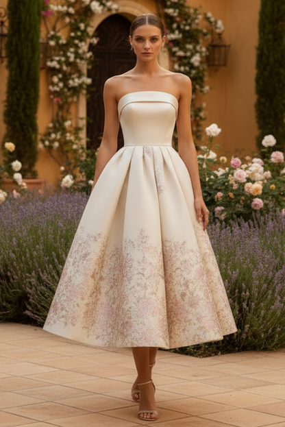 Evening Dress Ivory Strapless Brocade A Line Midi Dress
