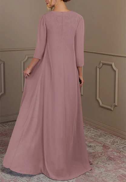 Scoop Half Sleeves Chiffon Appliques Long Mother of Bride Dress