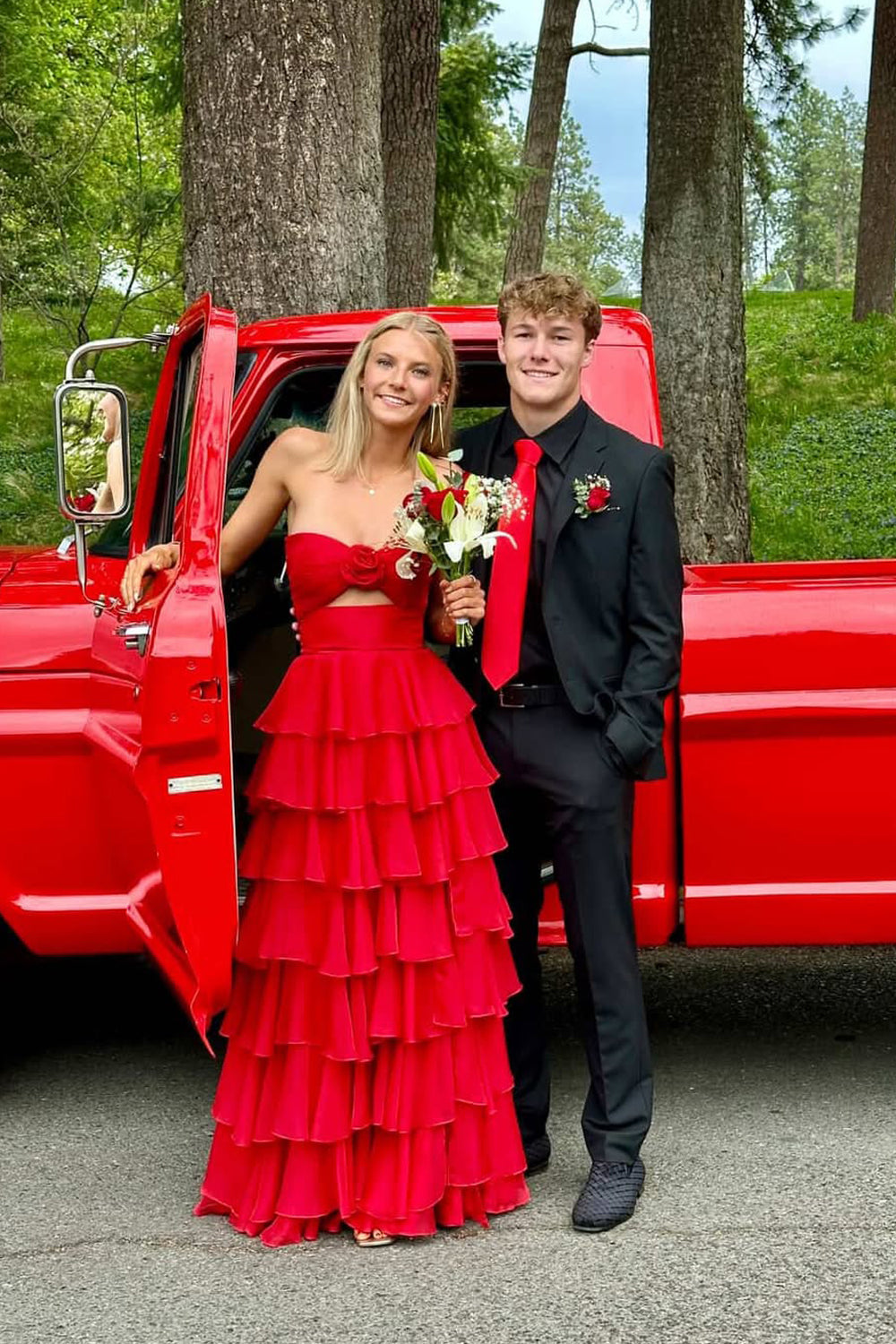 Cute A Line Sweetheart Red Chiffon Long Prom Dress