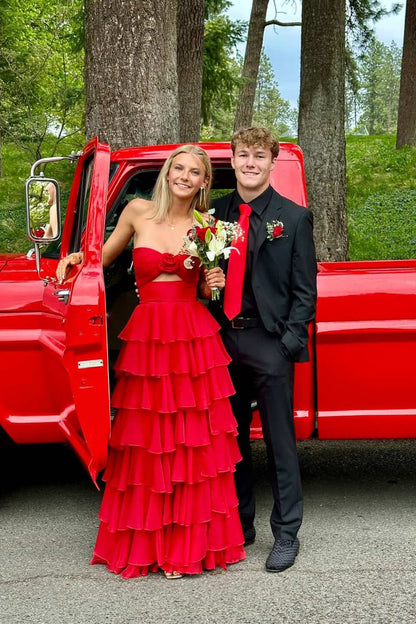 Cute A Line Sweetheart Red Chiffon Long Prom Dress