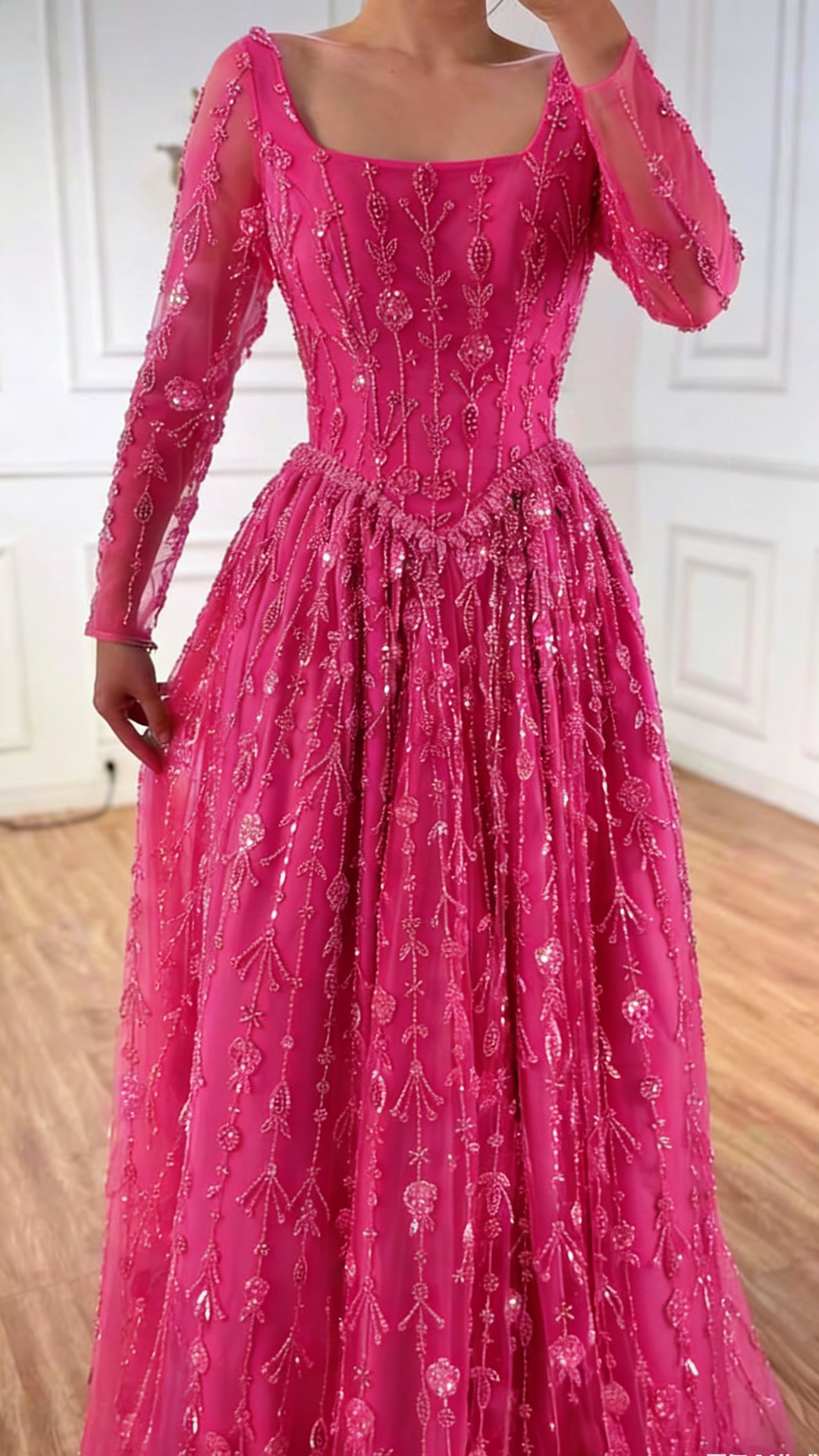 Scoop Long Sleeves Beaded Embroidery A-Line Prom Dress