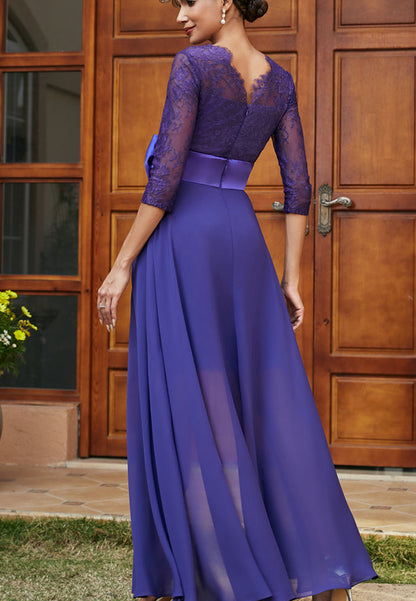 V-Neck Long Sleeves Appliques Chiffon Bowknot Sheath Mother of Bride Dress Cocktail Dress