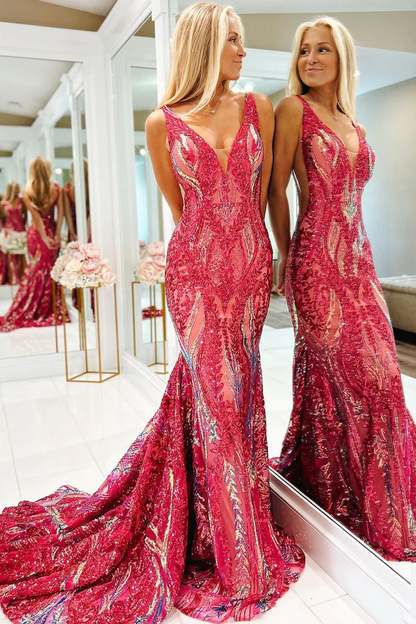 Stunning Mermaid Sleeveless V-Neck Sequins Appliques Long Prom Dress