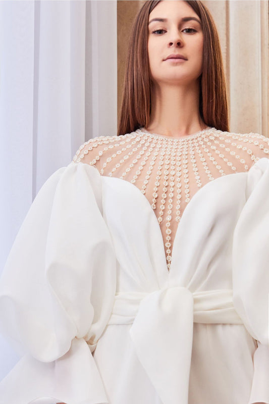 Horizontally beaded neckline puff sleeves organza dress