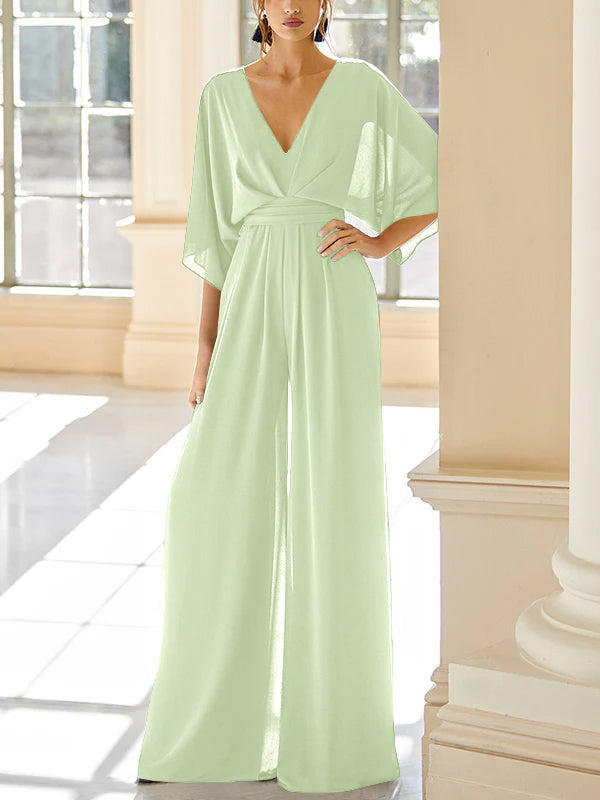 Chiffon V-Neck Mother of the Bride Pantsuits with Pockets