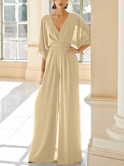 Chiffon V-Neck Mother of the Bride Pantsuits with Pockets