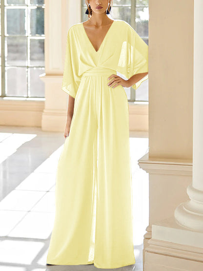 Chiffon V-Neck Mother of the Bride Pantsuits with Pockets