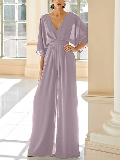 Chiffon V-Neck Mother of the Bride Pantsuits with Pockets