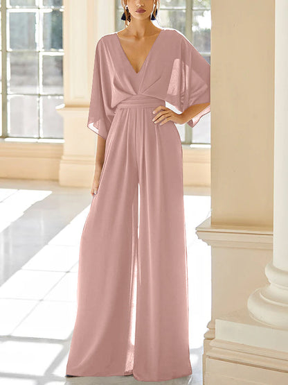 Chiffon V-Neck Mother of the Bride Pantsuits with Pockets