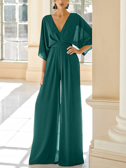 Chiffon V-Neck Mother of the Bride Pantsuits with Pockets