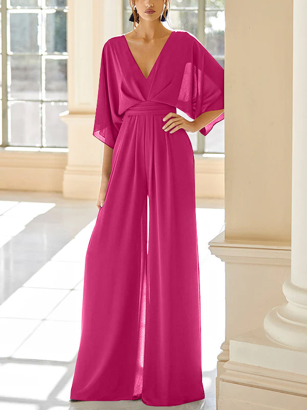Chiffon V-Neck Mother of the Bride Pantsuits with Pockets