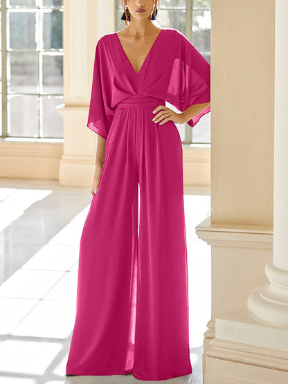 Chiffon V-Neck Mother of the Bride Pantsuits with Pockets