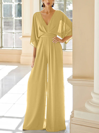 Chiffon V-Neck Mother of the Bride Pantsuits with Pockets