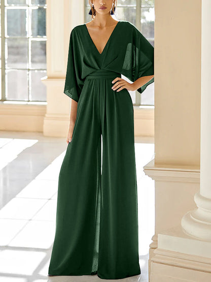 Chiffon V-Neck Mother of the Bride Pantsuits with Pockets
