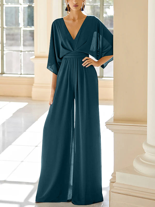 Chiffon V-Neck Mother of the Bride Pantsuits with Pockets