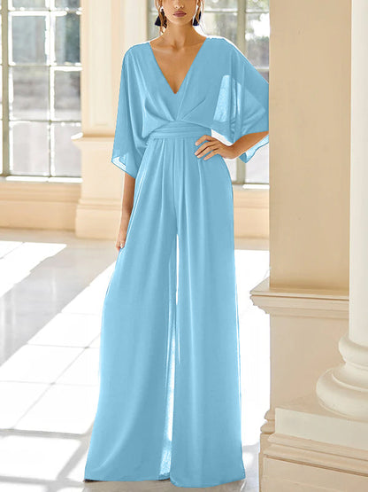 Chiffon V-Neck Mother of the Bride Pantsuits with Pockets