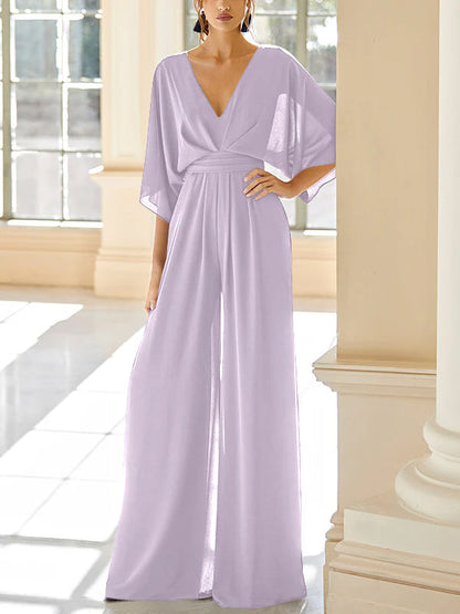 Chiffon V-Neck Mother of the Bride Pantsuits with Pockets