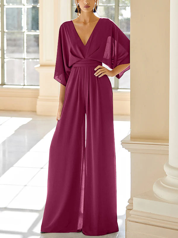 Chiffon V-Neck Mother of the Bride Pantsuits with Pockets