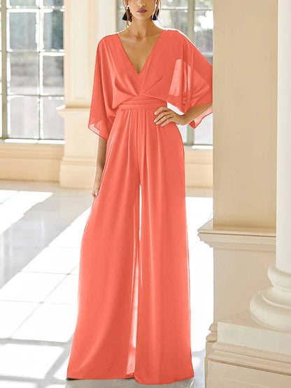 Chiffon V-Neck Mother of the Bride Pantsuits with Pockets