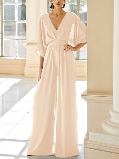 Chiffon V-Neck Mother of the Bride Pantsuits with Pockets