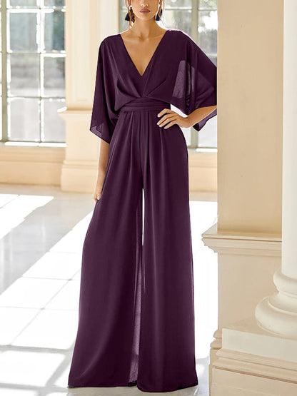 Chiffon V-Neck Mother of the Bride Pantsuits with Pockets