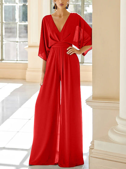 Chiffon V-Neck Mother of the Bride Pantsuits with Pockets