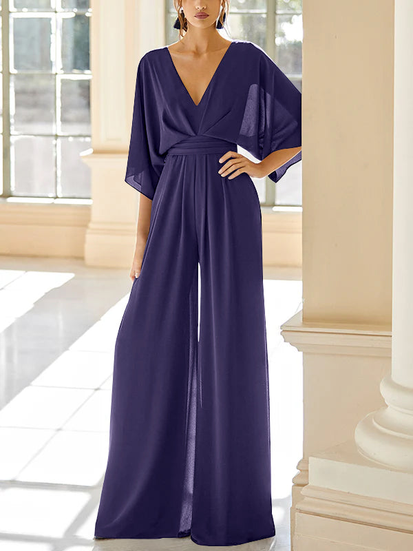 Chiffon V-Neck Mother of the Bride Pantsuits with Pockets